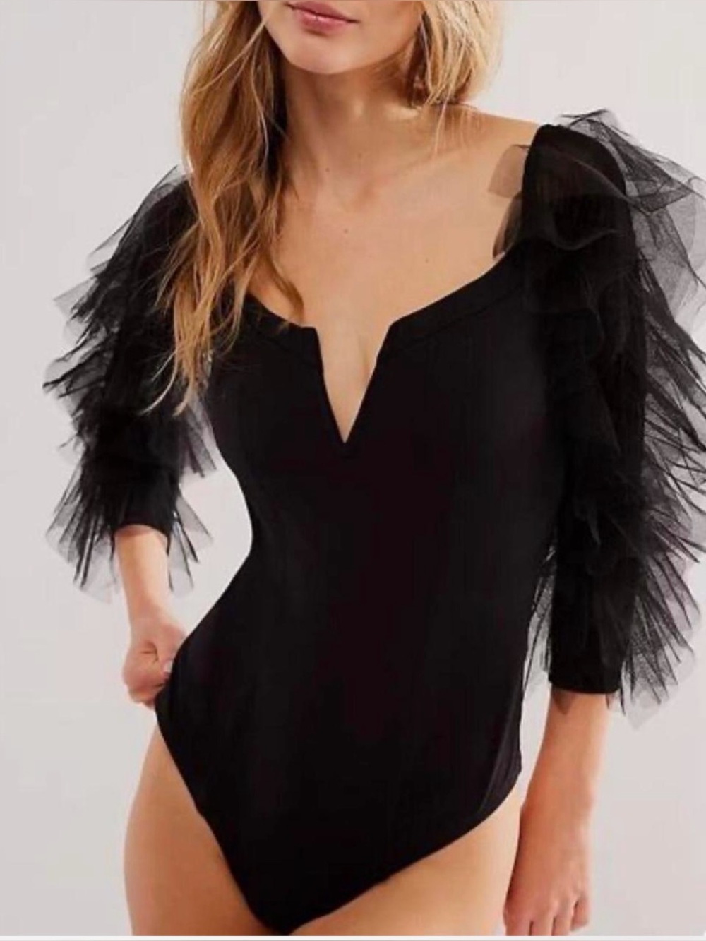 Free People Black Ruffled Tulle Sleeve Bodysuit